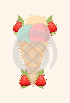 Ice cream with strawberry and mint flavor in wafer cone with strawberries, mint leaves